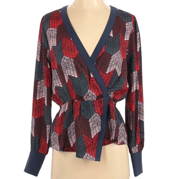 New BCBGMaxAzria Medium Silky Wrap Peplum Blouse Top Geo Chevron Print Red Teal - Picture 9 of 12